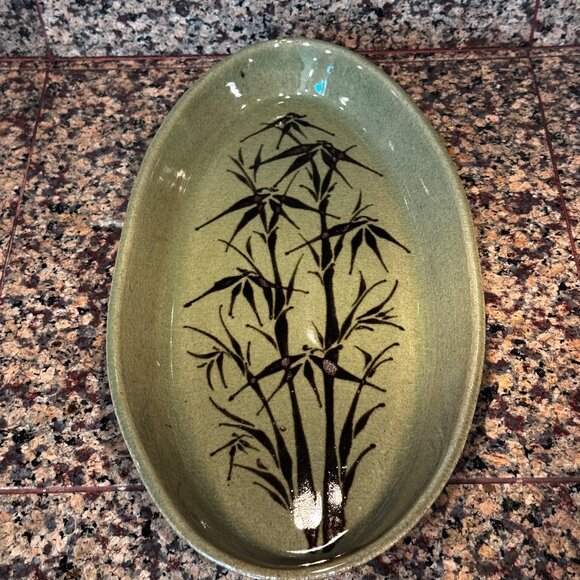 Mark Blumenfeld Pottery Green Brown Glazed Ceramic Oval Serving Platter Leaf Sig